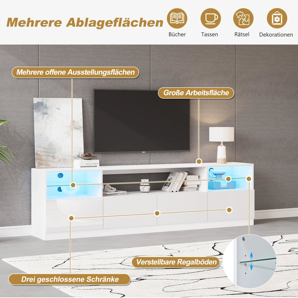Mobile porta TV con LED, 4 ante e 8 vani contenitore, per soggiorno, in truciolato bianco lucido, 180 × 35 × 60 cm