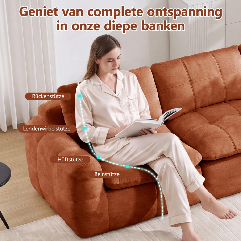 Divano modulare a 3 posti arancione senza struttura con rivestimento in chenille e design a quadretti