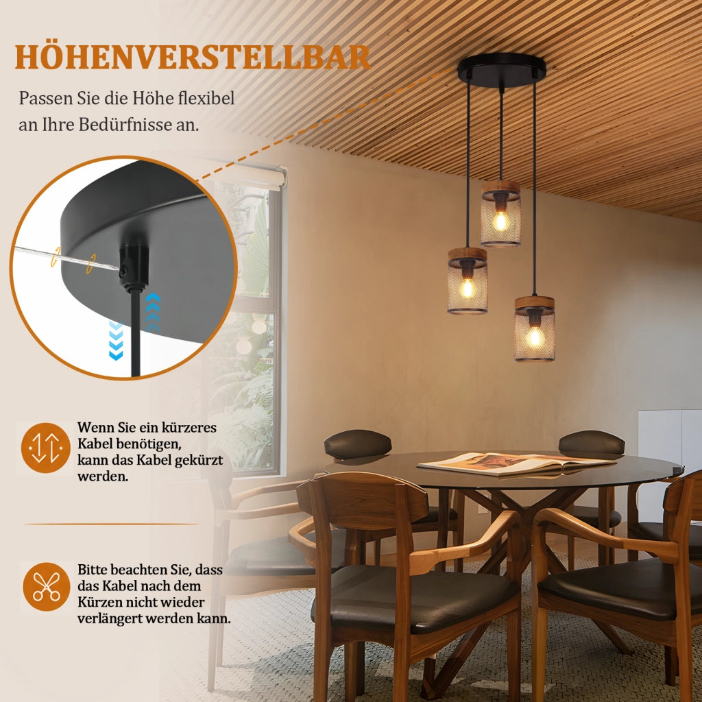 ZMH Lampada a Sospensione 3 Luci Nero Legno Vintage E14 Industriale per Soggiorno Sala da Pranzo Cafe Senza Lampadina