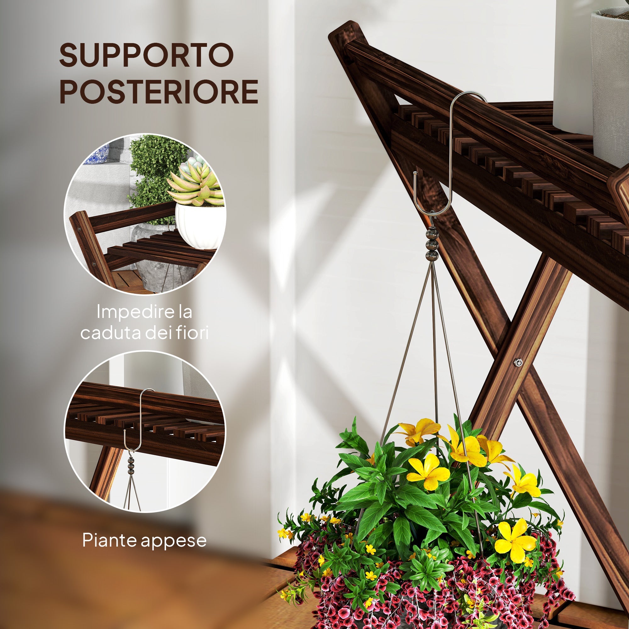 Set 2 Portapiante a 2 Livelli 73x36x64 cm con Design a Doghe in Legno Marrone