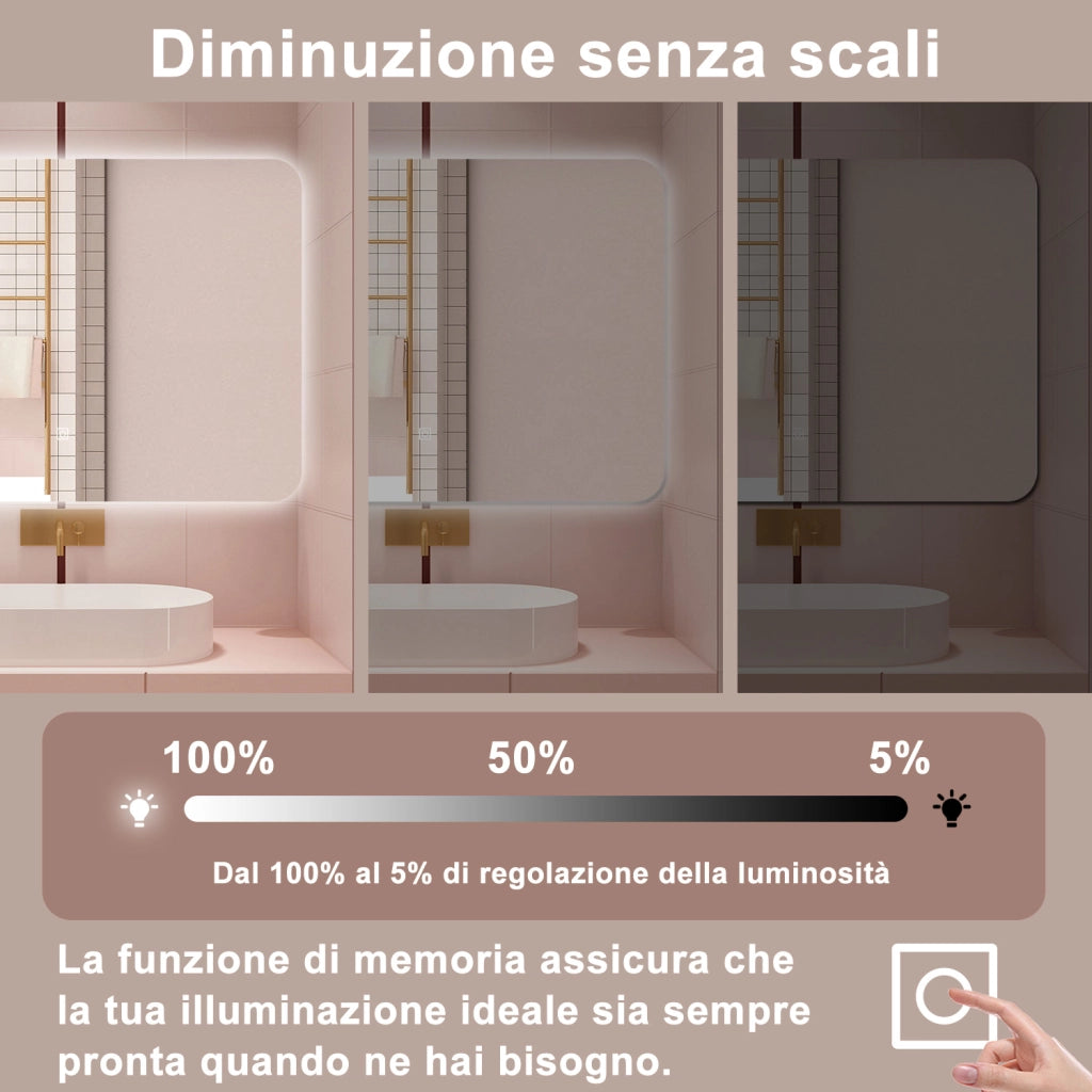 AICA Specchio da bagno 90 x 60 cm, dimmerabile, interruttore touch, Funzione Memoria