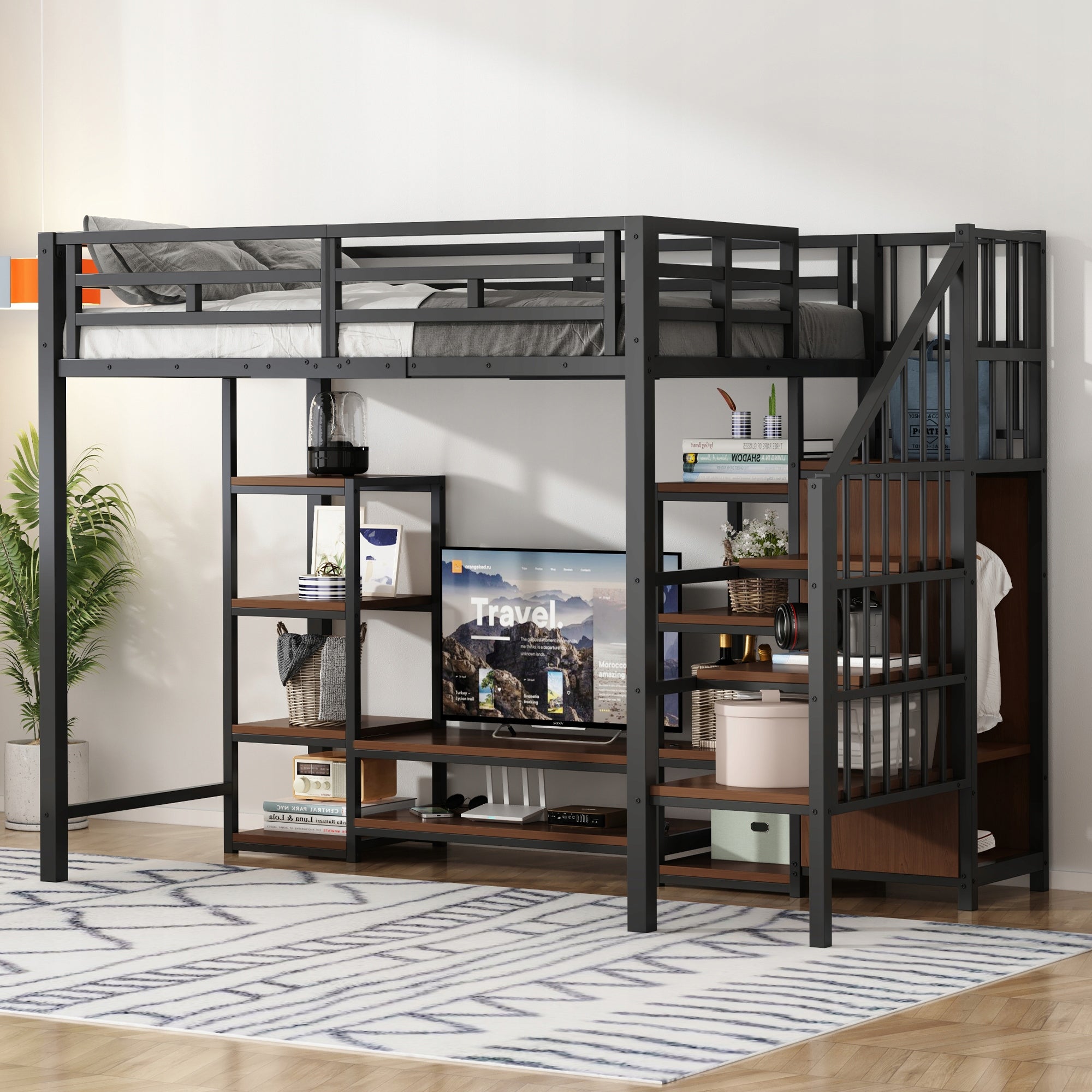 Letto a castello 90x200 - Xylo - Nero con TV, presa e scala