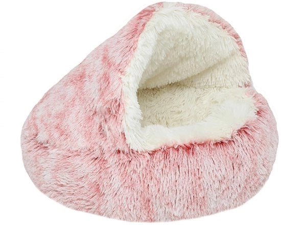 Letto per Cani e Gatti Rondo a Metà Chiusura con Cappuccio Abitazione per Piccoli Animali da Compagnia Letto per Cani e Gatti Lavabile Senza Scivolo Letto per Cani con Piuma Lunga e Spessa Cuscino per Cani Caldo e Soffice Gradiente Rosa Ø60CM