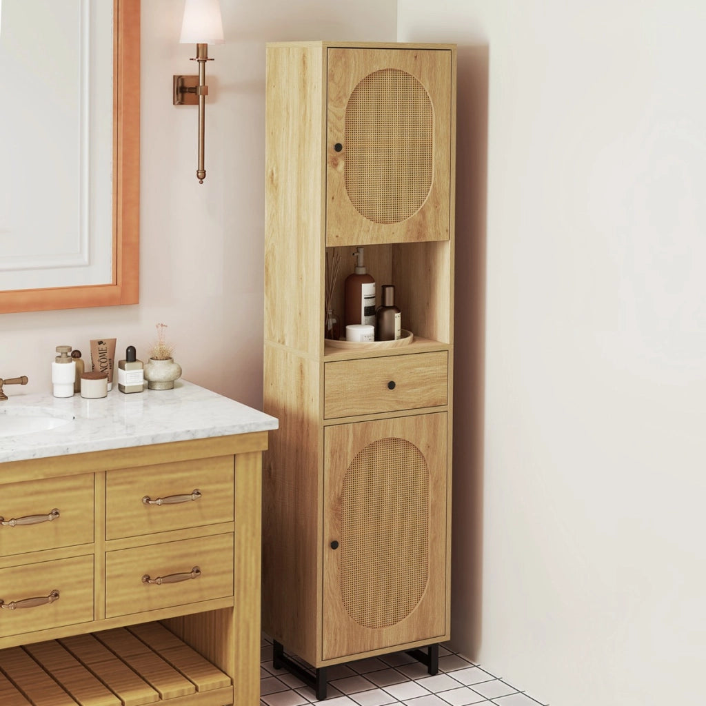 Armadio da bagno stretto e alto da 170cm, Armadio in rattan autonomo con porte ripiani regolabili e cassetto Naturale-Armadietti da bagno