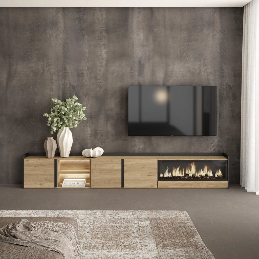 Mobile TV Soggiorno, 315x50x35 cm, Per TV fino a 80", Camino elettrico XXL, LED, Rovere e nero