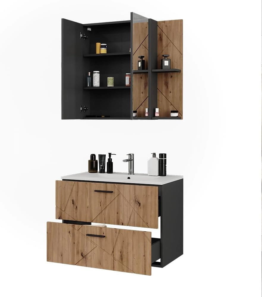 Set di mobili da bagno Irma, Antracite/Artisan, 80 cm, composto da mobile sottolavabo con lavabo e specchio per bagno