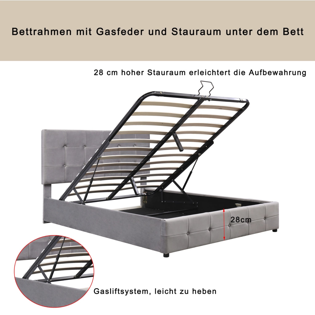 LETTO Contenitore 140x200 cm in Velluto Grigio con rete a doghe