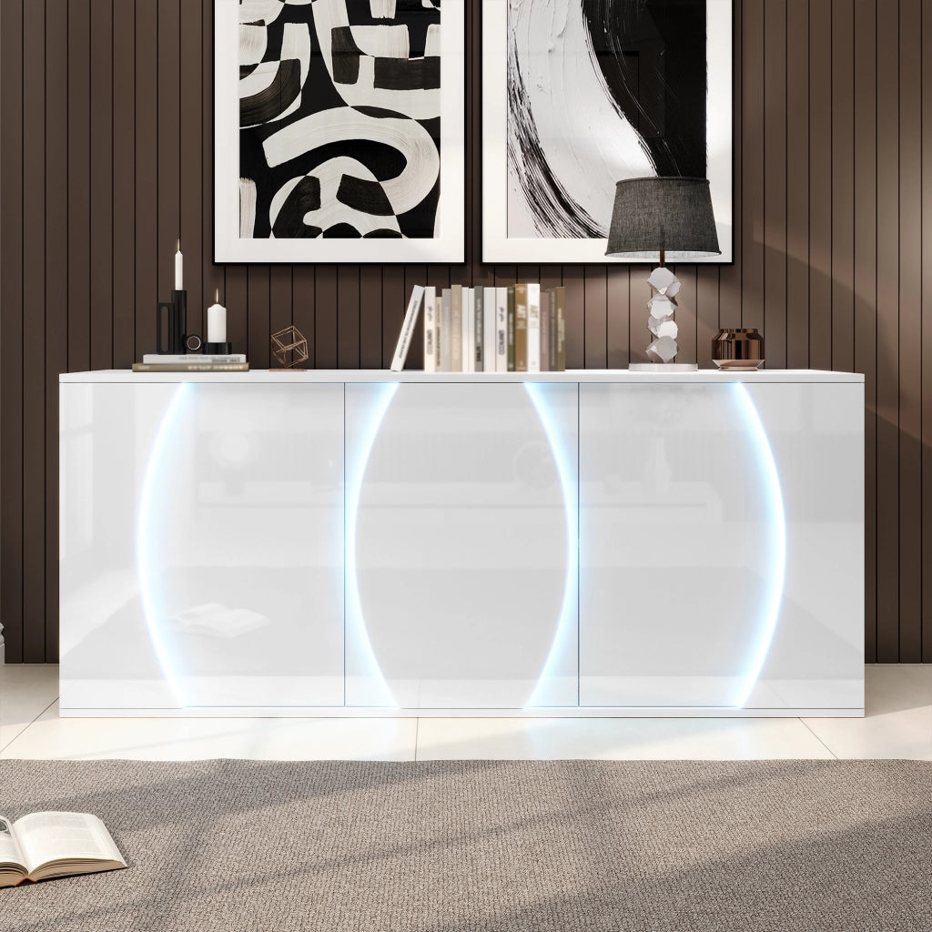 Credenza Soggiorno con LED ¨C Xylo ¨C Bianco Lucido, Truciolato, 150x40x70 cm