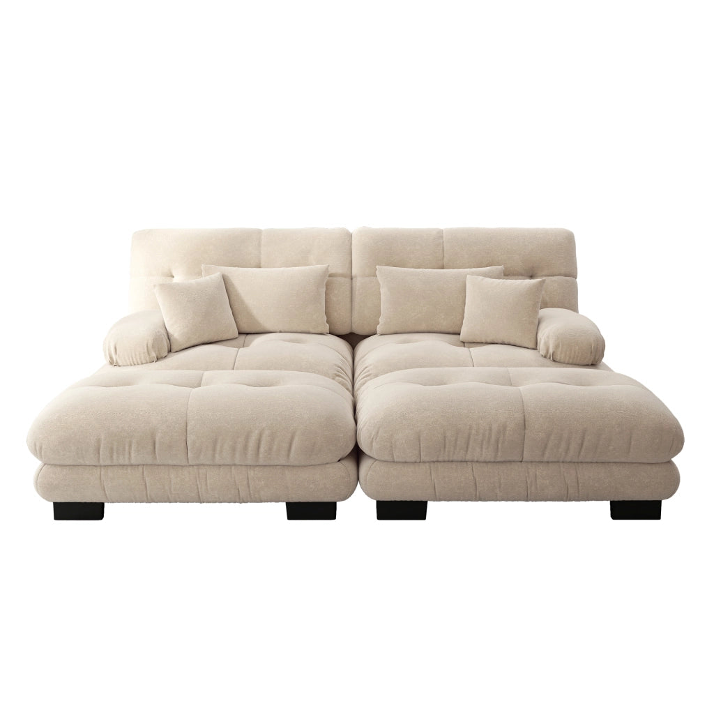 Divano angolare modulare 220x145x81 cm in chenille marrone chiaro, con 2 pouf –