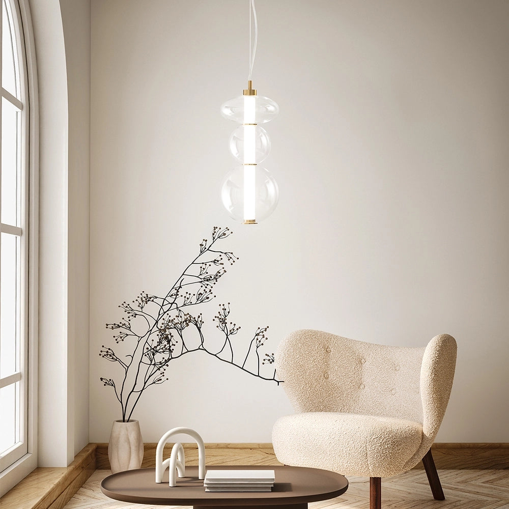Sospensione Contemporanea Bubbles Alluminio Oro Vetro Trasparente Led 24W 3000K