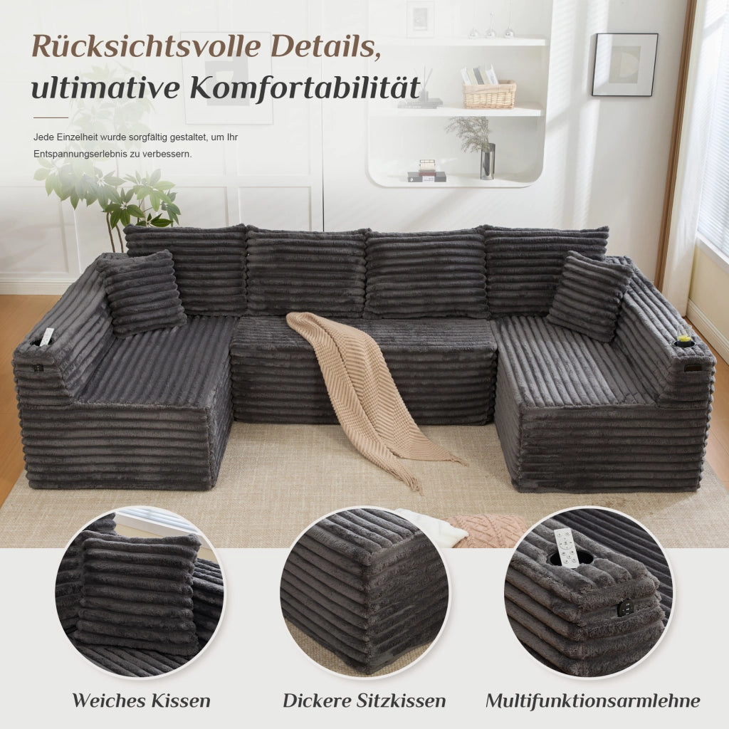 Divano modulare a U in corduroy con portabicchieri e tasca laterale cuscini grigio scuro 320 × 155 × 88 cm