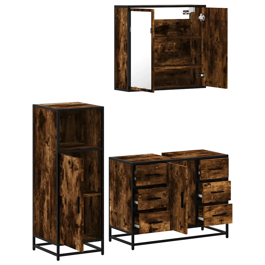 Set Mobili da Bagno 3 pz Rovere Fumo in Legno Multistrato