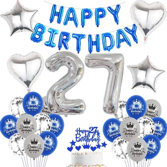 Decorazione per il 27° Compleanno - Balloone Latex - Slinga per Feste - Set Decorativo Unico - Balloone per Compleanno - Num. 27 - Decorazione per Festa - Balloone Blu - Compleanno - Balloone Latex - Modello 27 - Set Decorativo Compleanno