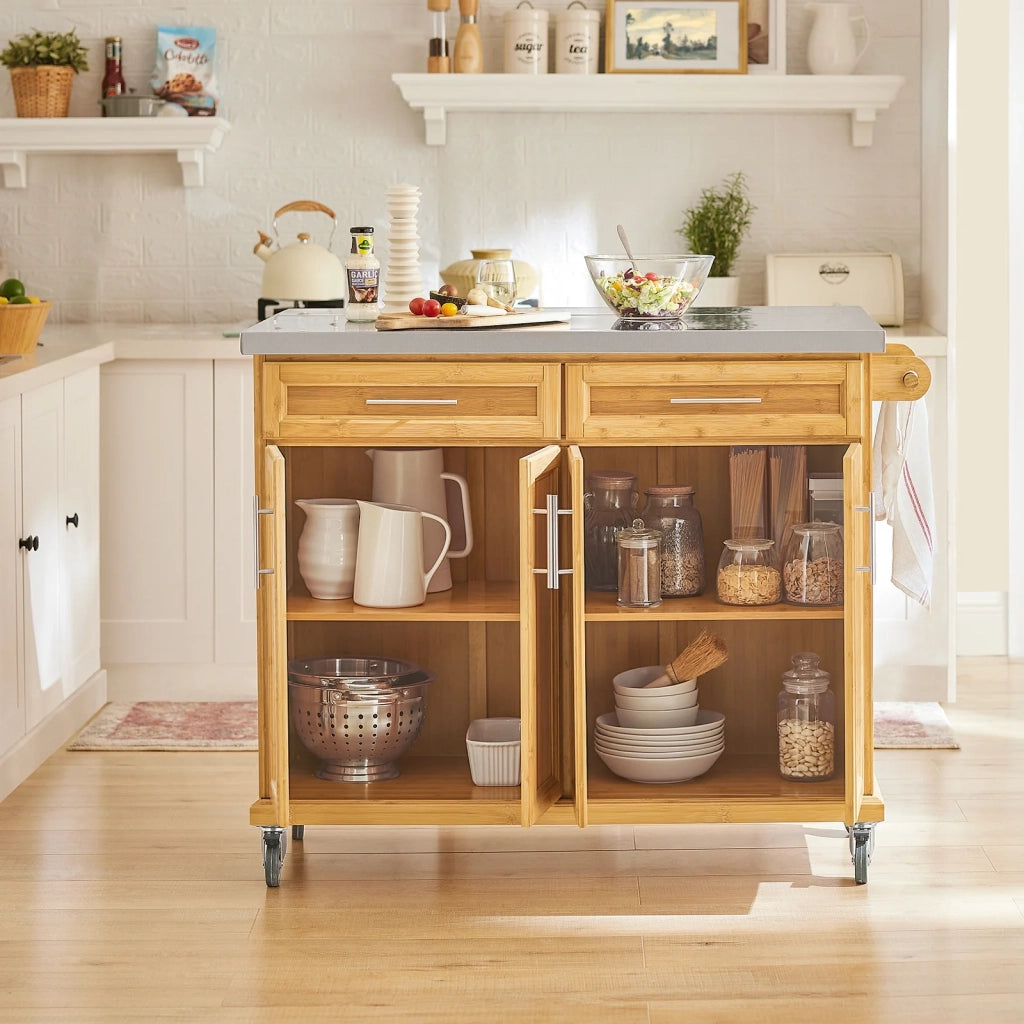 Carrello Cucina Credenza Legno Piano Lavoro Cucina Piano in Acciaio è allungabile FKW69-N