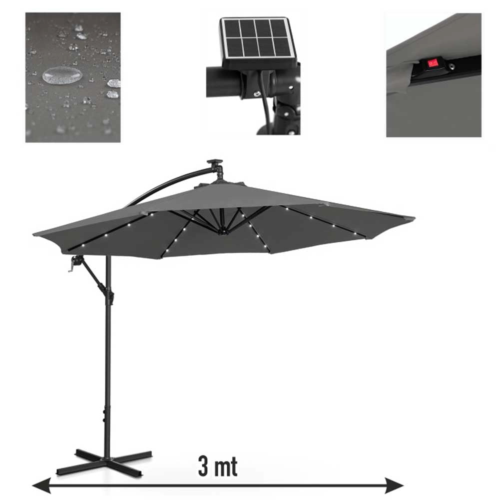 Ombrellone Giardino 3mt con Luce LED Solare Palo Decentrato con Carrucola Grigio