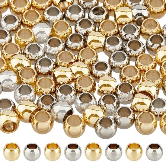Tutti i pezzi 100 - Ronde perle - Acciaio inossidabile - 4 mm - 2 colori - Per collane da fai da te - Perlli per gioielli