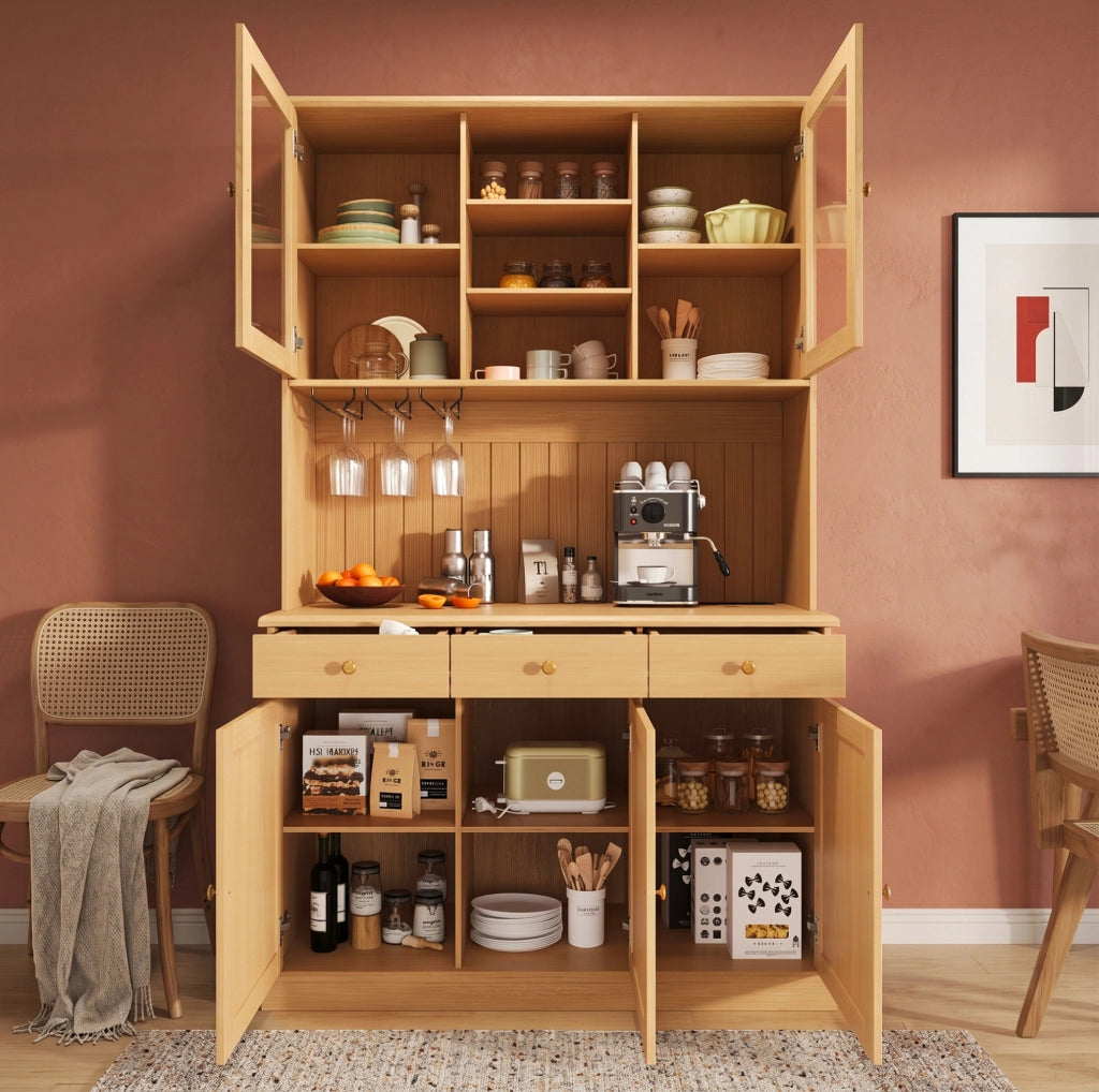 Credenza alta 120x40x191 cm con portabicchieri e prese integrate; truciolare; naturale