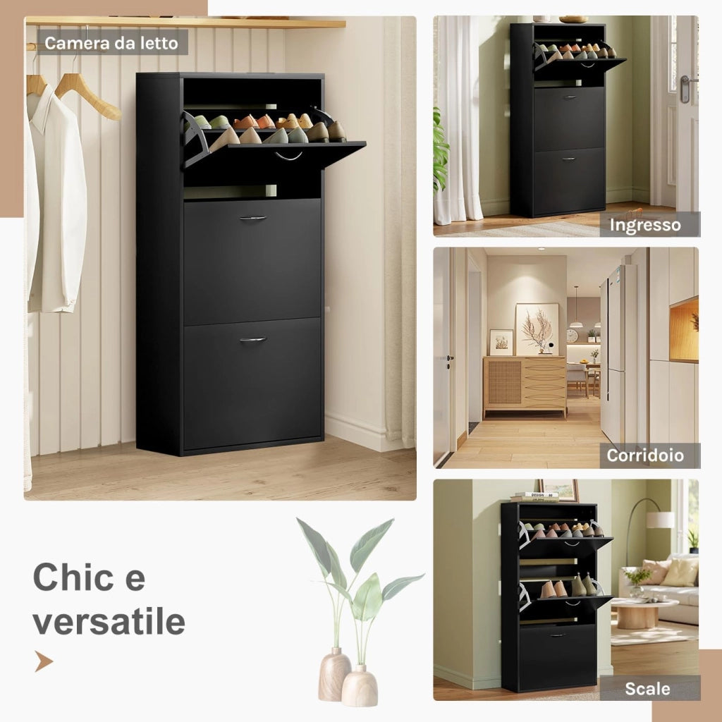 Scarpiera con 3 Cassetti a Ribalta, Portascarpe Stretto con Ripiani Regolabili, Capienza 14-18 Paia, 58x23x118 cm, Nero, per Corridoio e Soggiorno