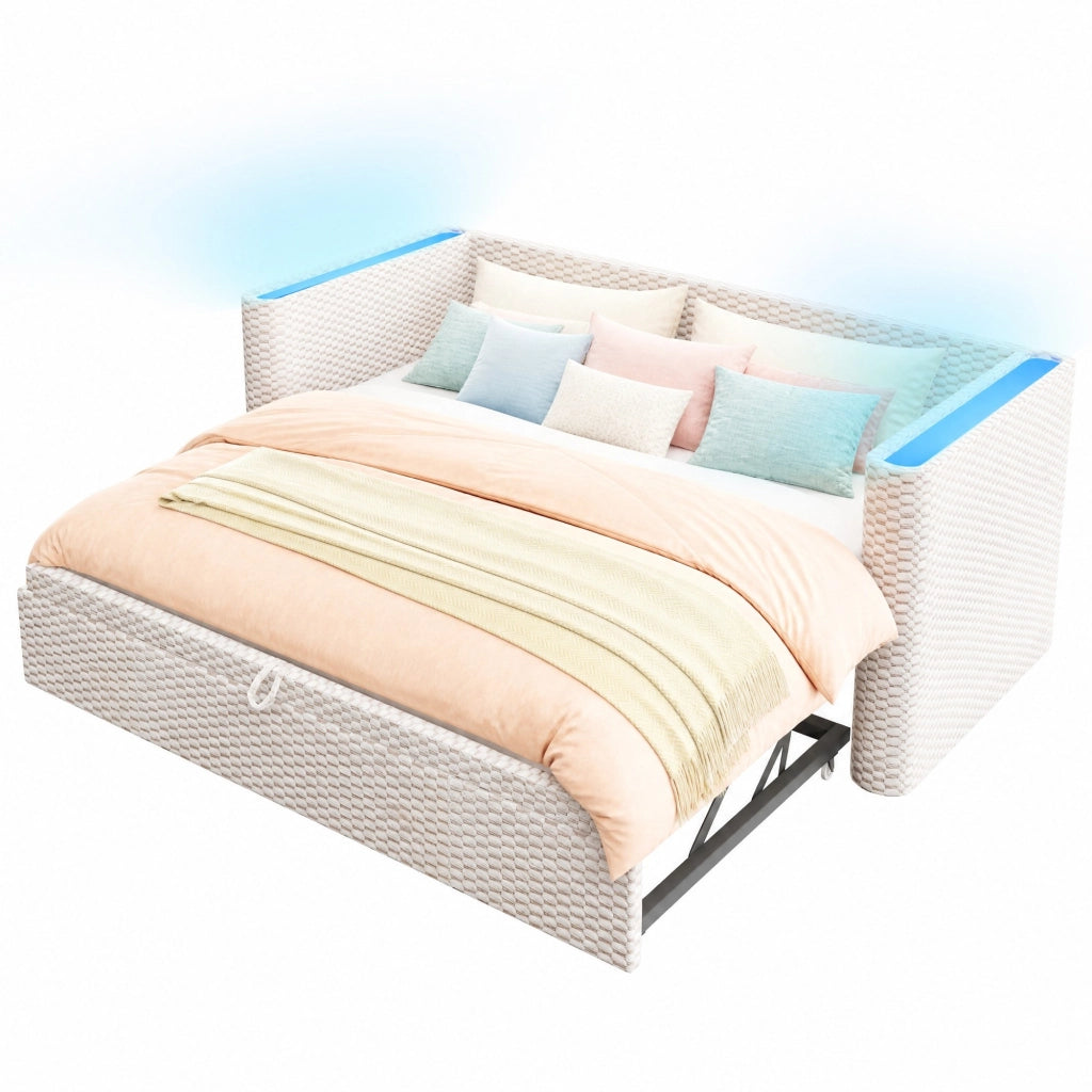 Divano Letto Multifunzionale 90x200 cm con LED e Struttura in Velluto Beige