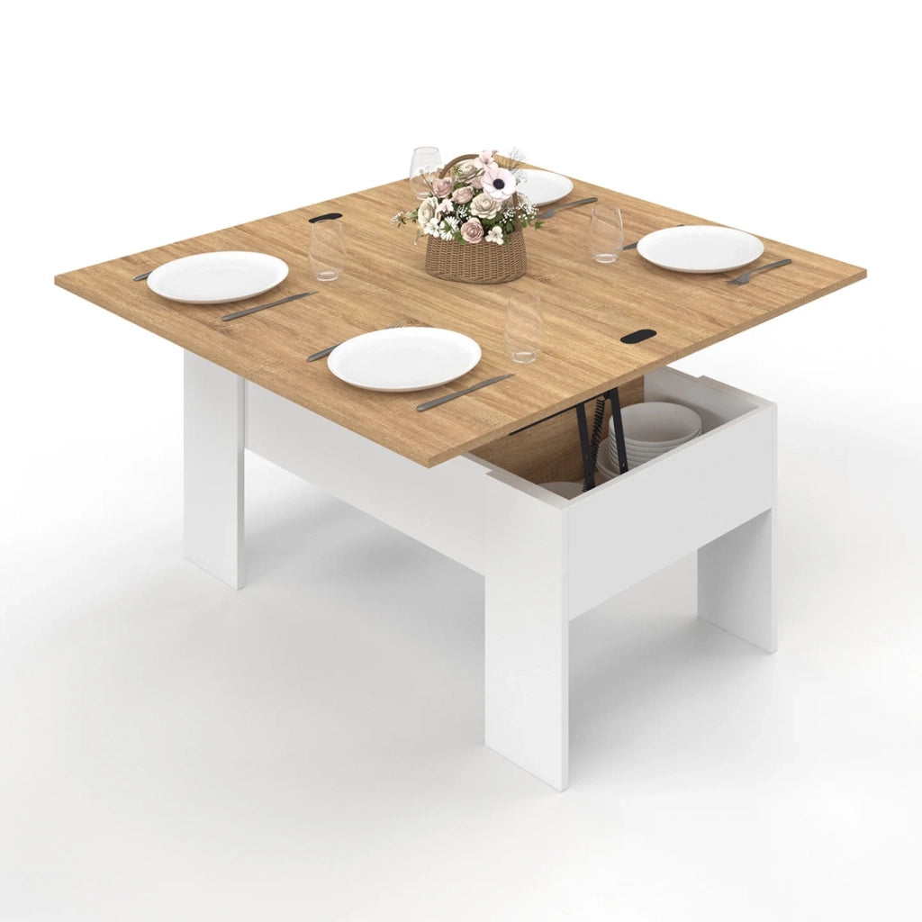 IDMarket - Tavolino rettangolare con piano sollevabile, trasformabile in tavolo da pranzo TARA, in legno bianco e faggio finto
