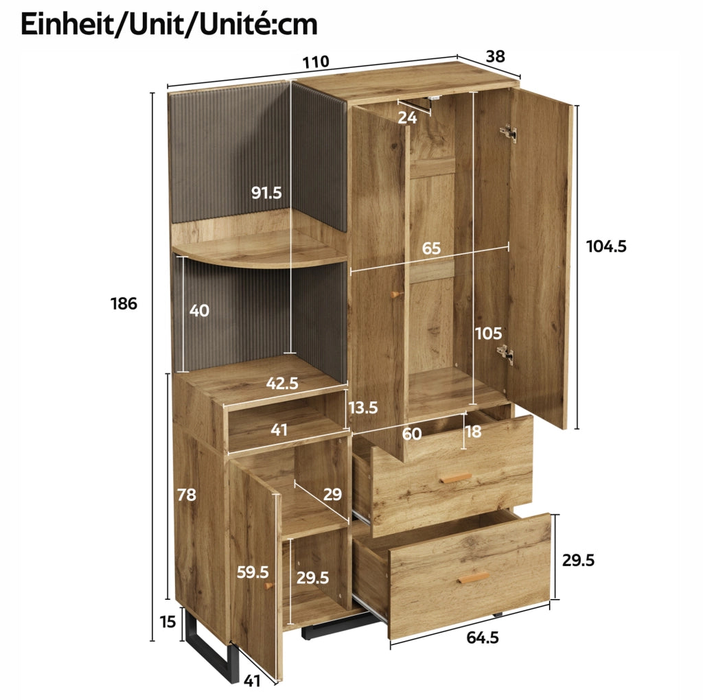 Guardaroba compatto 110x38x186 cm con appendiabiti estraibile e cassetti in MDF nero e naturale