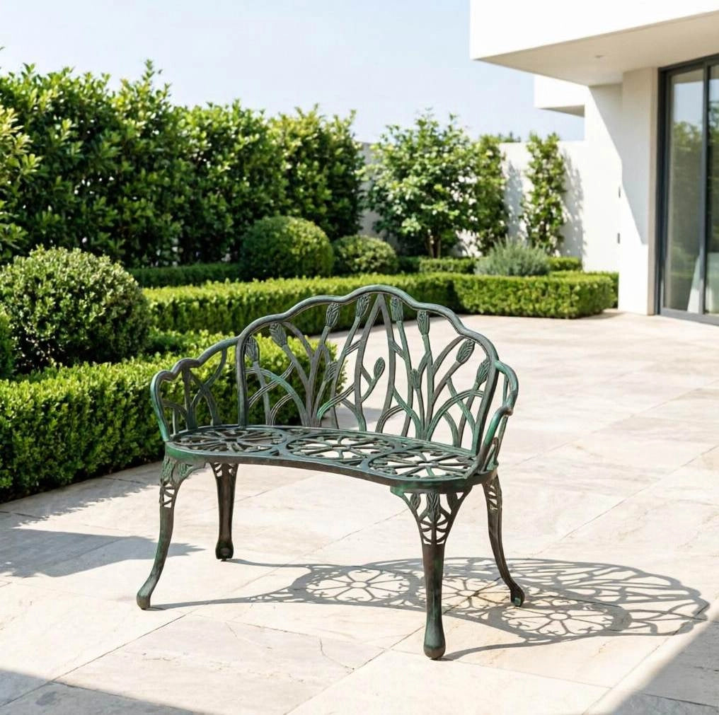 Panca da giardino ULEVR 99x57x78 cm in alluminio pressofuso verde antico, 2 posti con schienale e braccioli