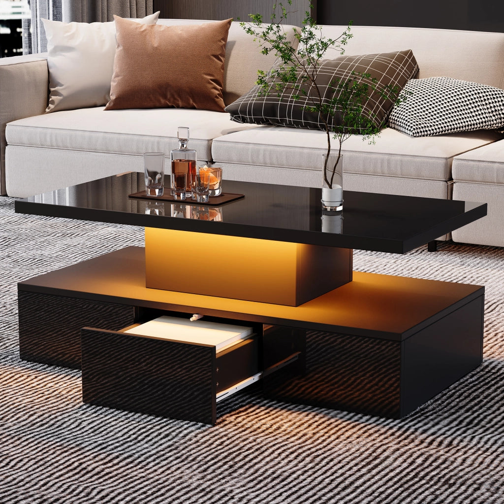 Tavolino da salotto moderno nero 100 x 50 x 39 cm con LED dimmerabile e spazio contenitivo