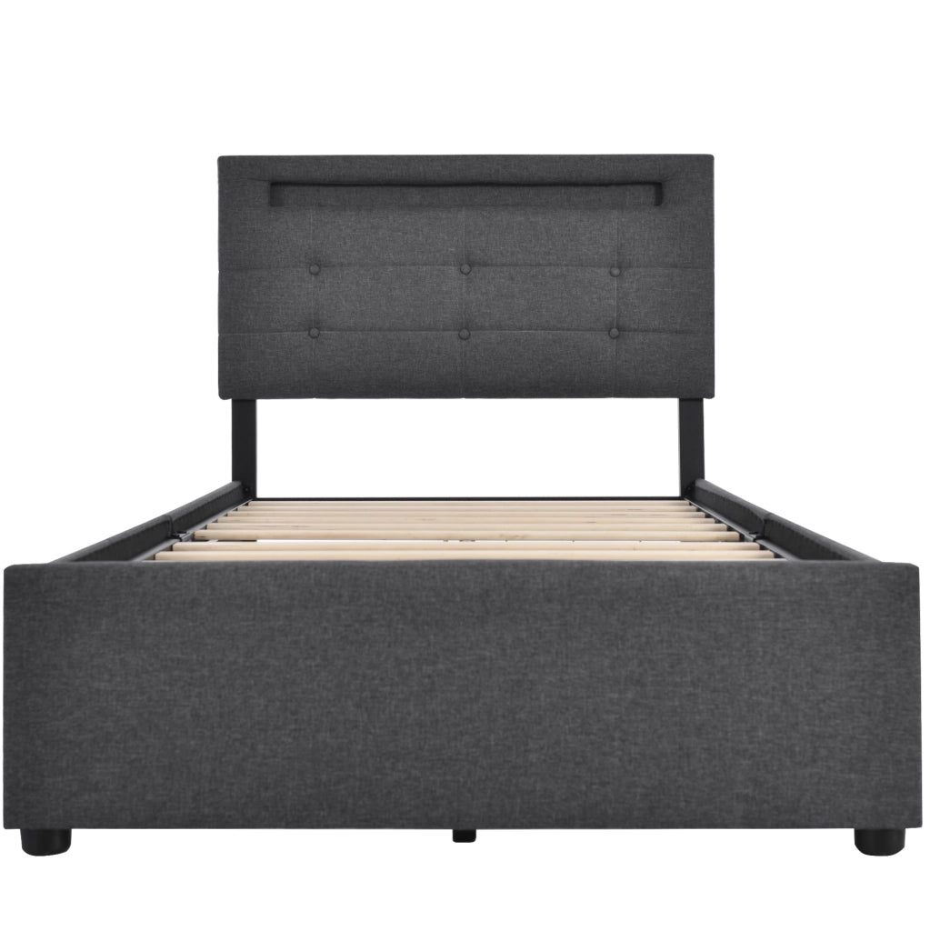 Letto singolo 90x200 cm in lino grigio con LED e 2 cassetti; testiera regolabile