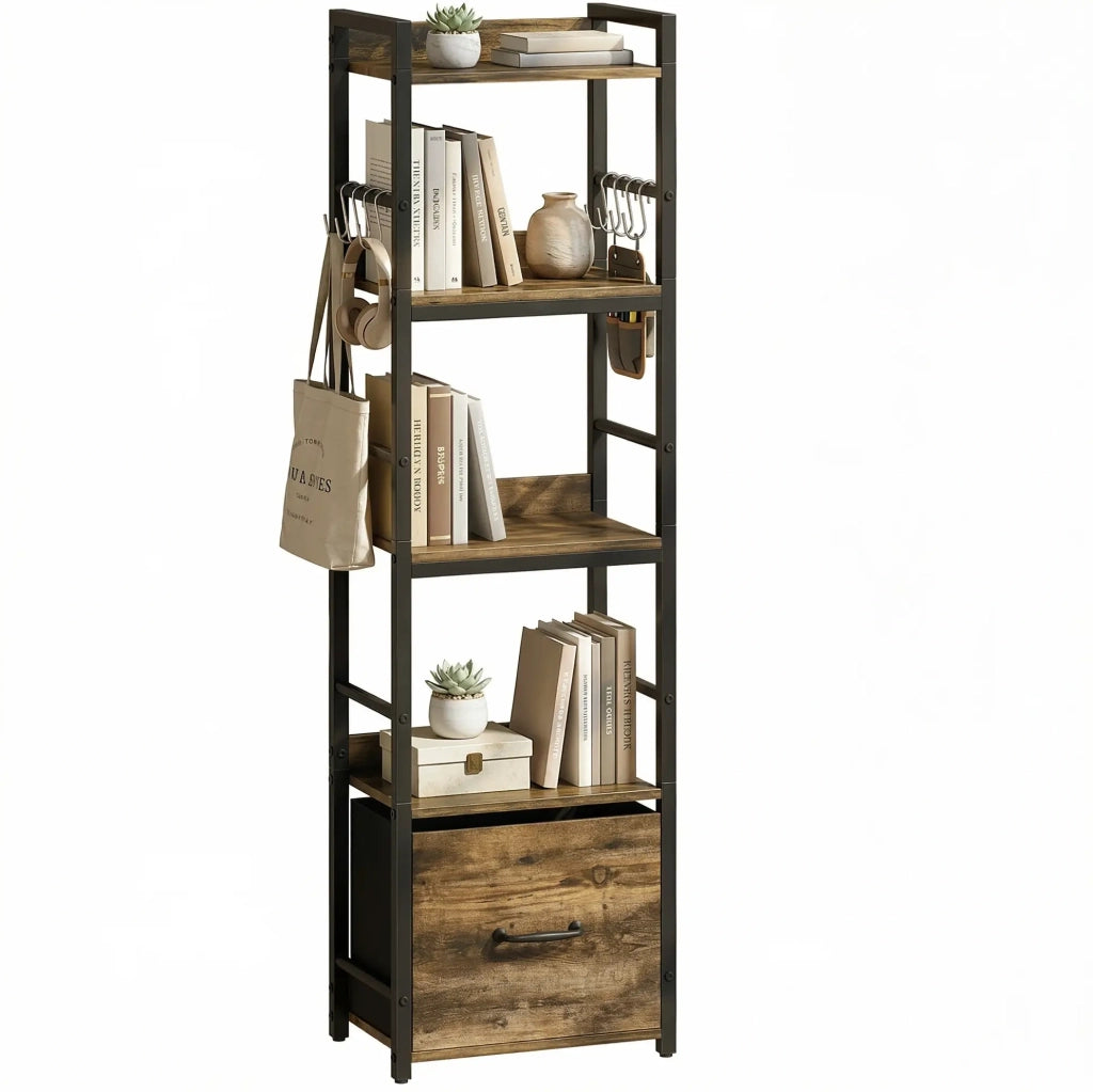 Libreria 4 livelli 39x26x136，5 cm legno e metallo marrone con cassetto