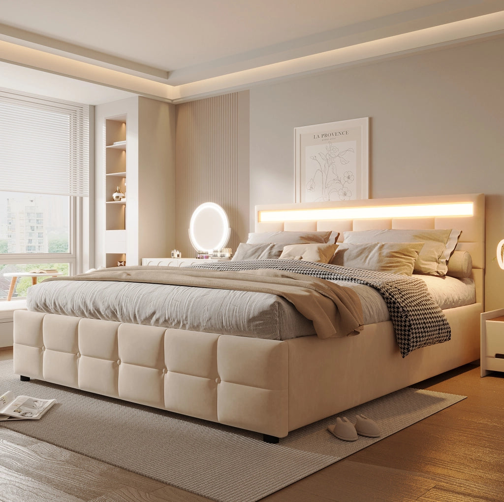 Letto imbottito 180x200 cm con contenitore idraulico e LED in velluto beige