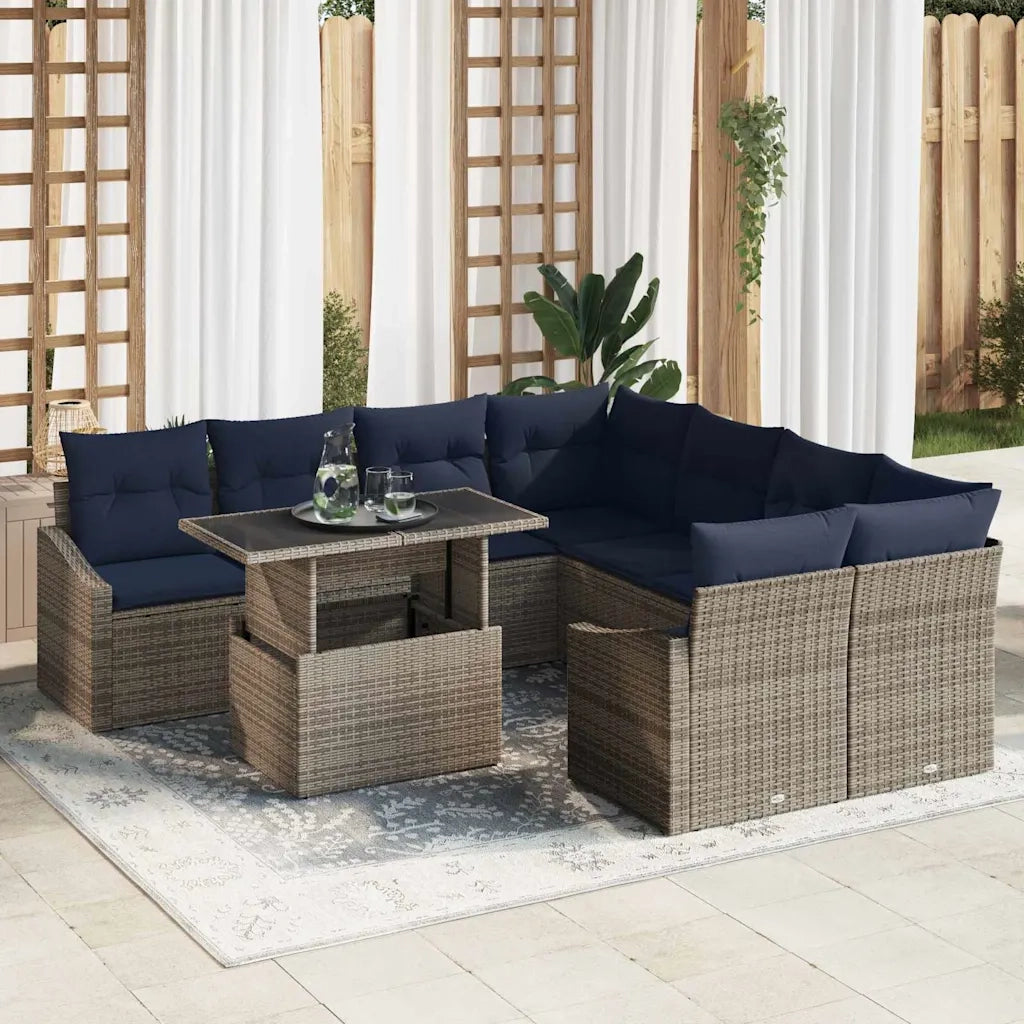 Set Divano da Giardino con cuscino 9 pcs Grigio polyrattan