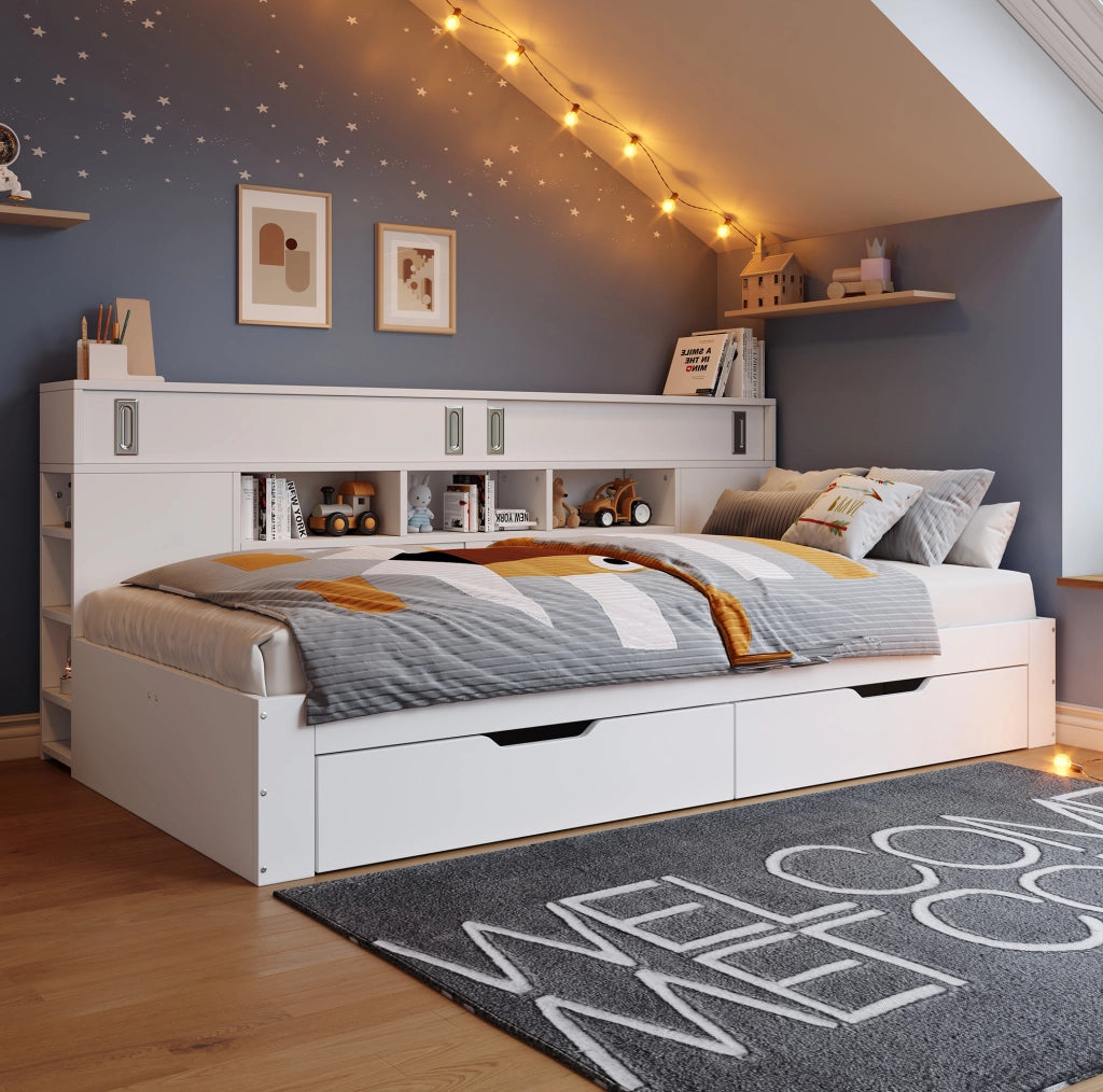 Letto daybed 140x200 cm con contenitore; 2 cassetti; scaffali e armadi; bianco