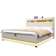 Letto Contenitore 180x200 cm con USB Tipo C; LED e testiera imbottita in lino Beige