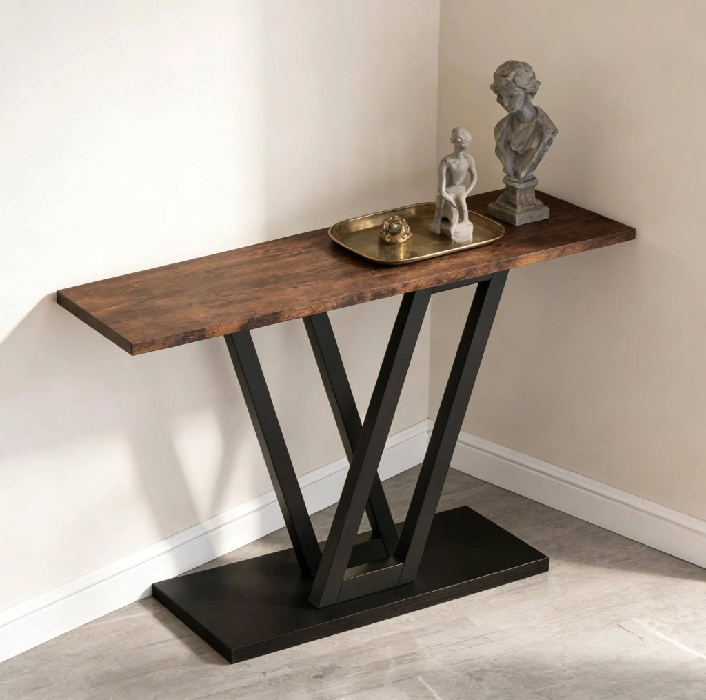 Tavolo consolle stretto 110x30x80 cm in MDF e metallo; nero e marrone rustico