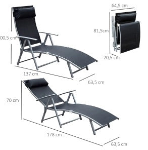 Sdraio pieghevole da giardino con cuscino 137x63,5x100,5 cm in metallo e tessuto nero per terrazza e spiaggia