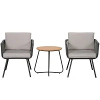 Set da giardino in rattan sintetico 3 pezzi con 2 poltrone e tavolino, cuscini inclusi, struttura in acciaio, grigio