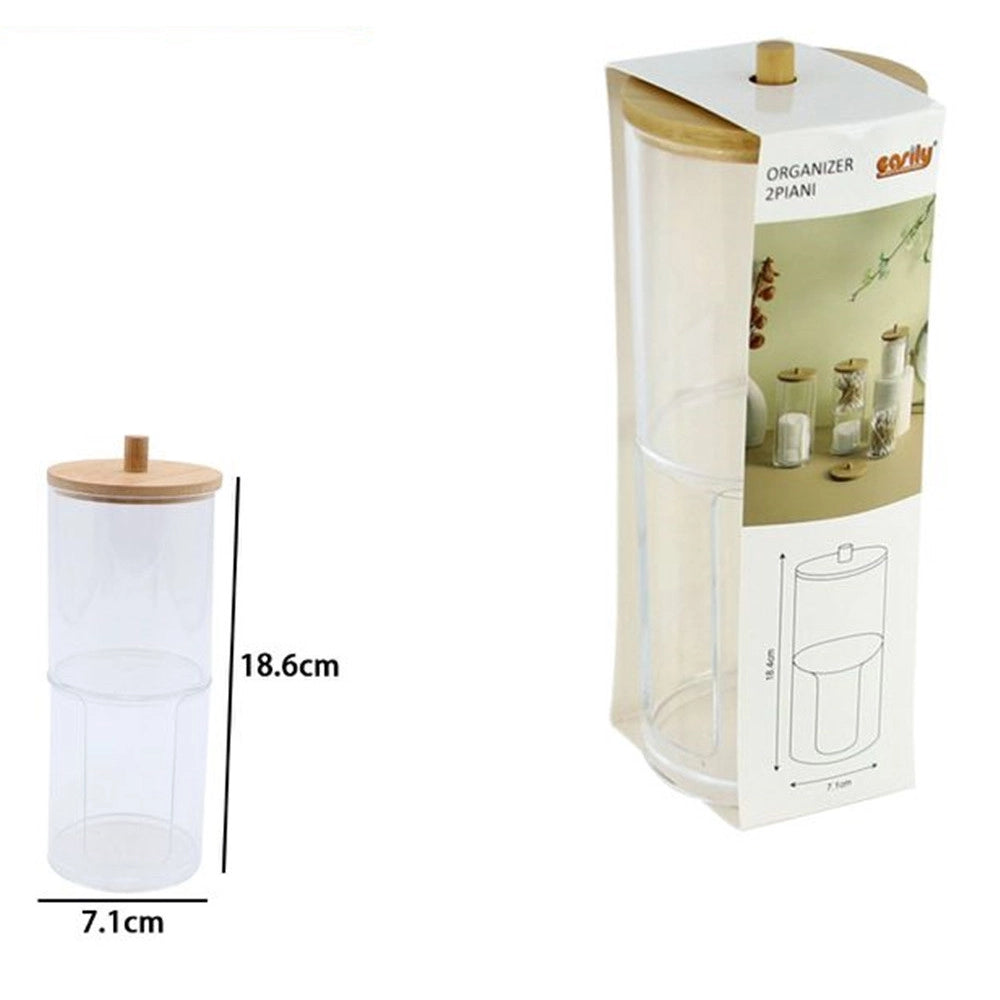 Trade Shop - Organizer 2 Piani Porta Cotton Fioc Dischetti Struccanti Trasparente Coperchio Legno 10823 -