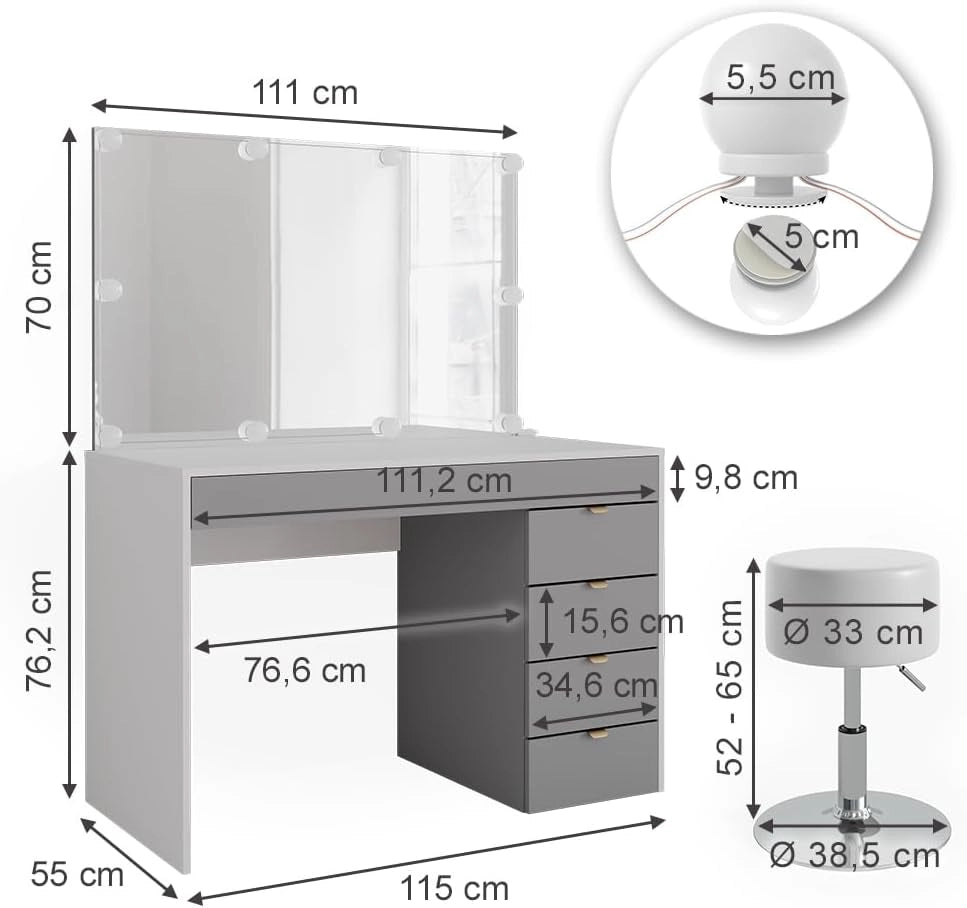 Tavolo da toeletta Elise, Bianco/grigio/grigio, 115 cm con illuminazione LED e sgabello, con illuminazione LED e sgabello girevole regolabile in altezza