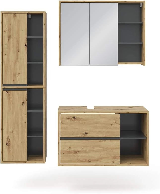 Set mobili bagno Viola, Bianco, 100 cm, composto da mobile sottolavabo, specchiera e mobile medio