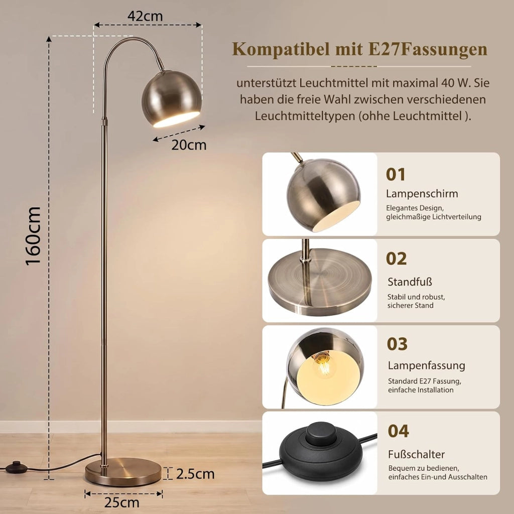 ZMH Lampada da Terra ad Arco E27 Bronzo Antico Altezza Regolabile 160cm per Soggiorno Senza Lampadina