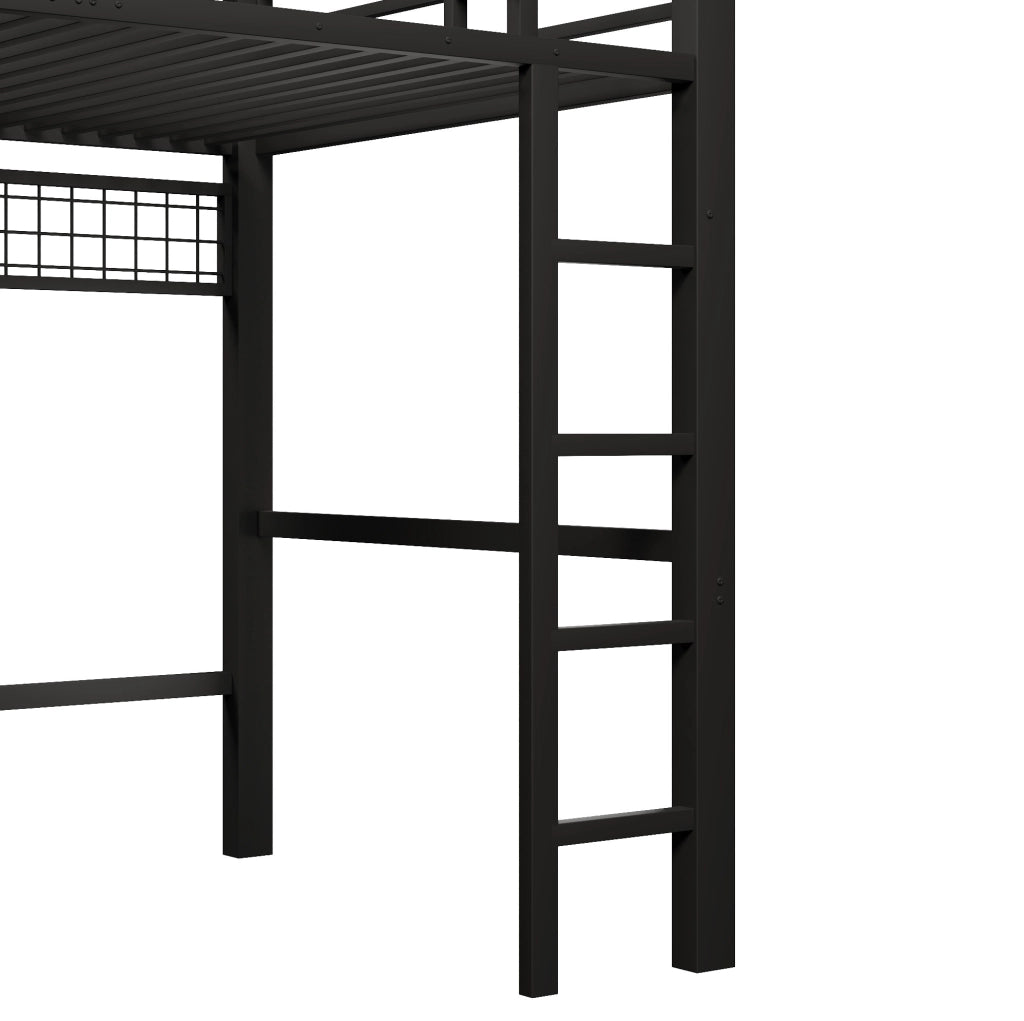 Letto a soppalco 140x200 cm con 8 cassetti; illuminazione LED; metallo e MDF; nero