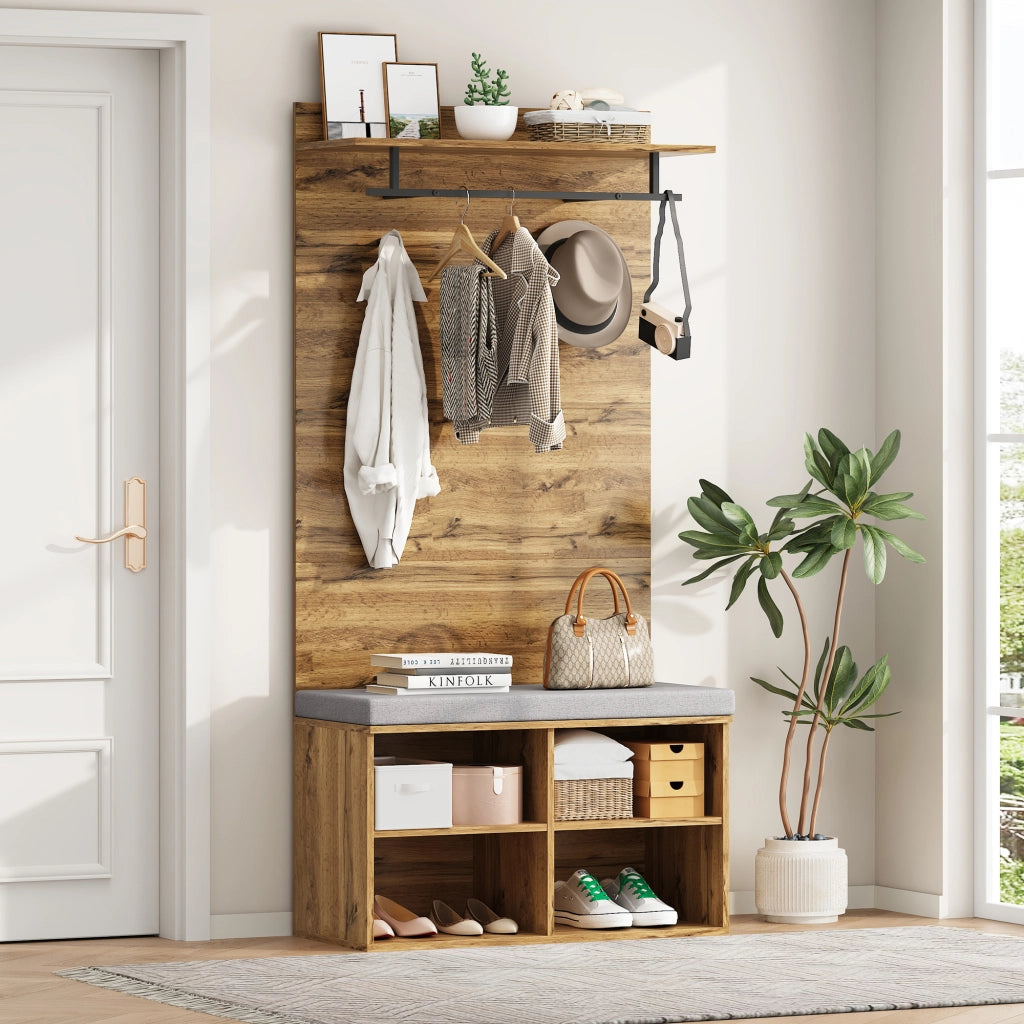 Mobile da ingresso con scarpiera imbottita, ripiano regolabile, asta appendiabiti e 2 ganci, in truciolare, rovere, 84 × 35 × 175 cm
