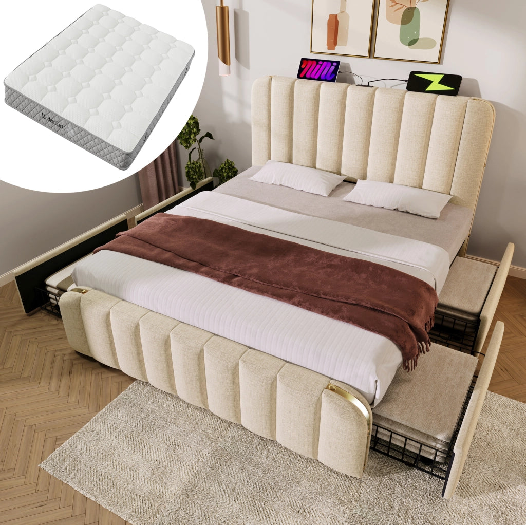 Letto 160x200 cm in lino grigio con USB， LED e contenitore