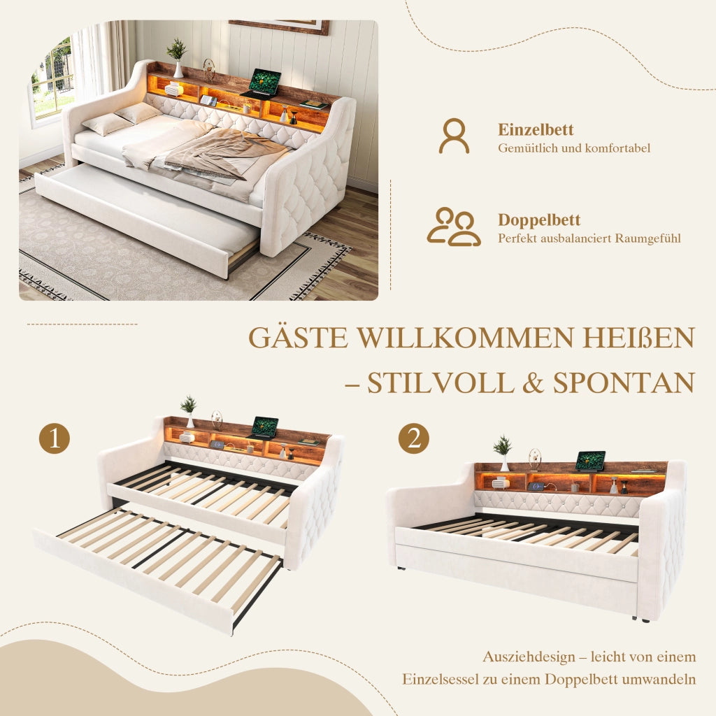 Letto divano estraibile 90 × 190 cm con contenitore, LED regolabile, USB Type-C, senza materasso, in velluto beige