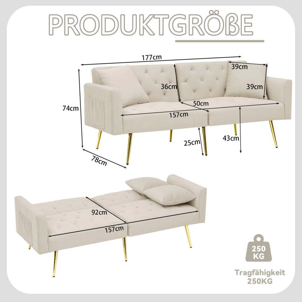 Divano a 2 posti con schienale regolabile a 3 posizioni, 2 cuscini, gambe in metallo, velluto, beige