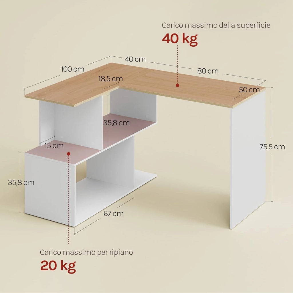 Scrivania Angolare, 120x100 cm Scrivania a Forma di L con Libreria, Bianco+Rovere Chiaro, Scrivania Ufficio per Computer, Tavolo da Lavoro, Studio and Soggiorno