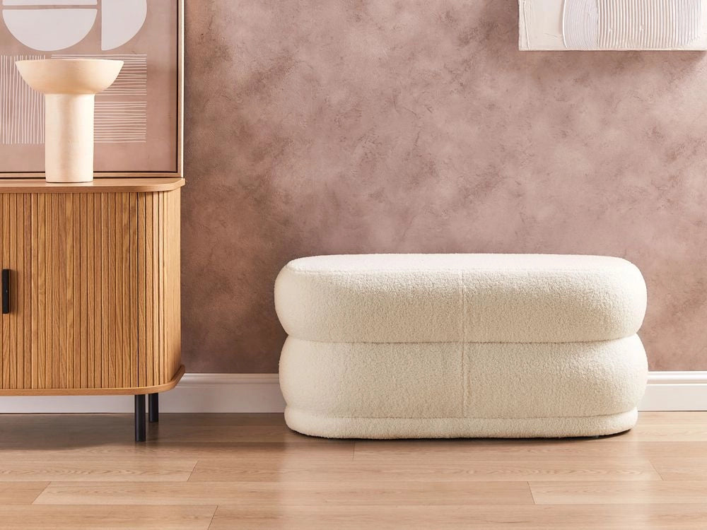 Panca decorativa con tessuto bouclè bianco sporco imbottito soggiorno camera da letto moderno