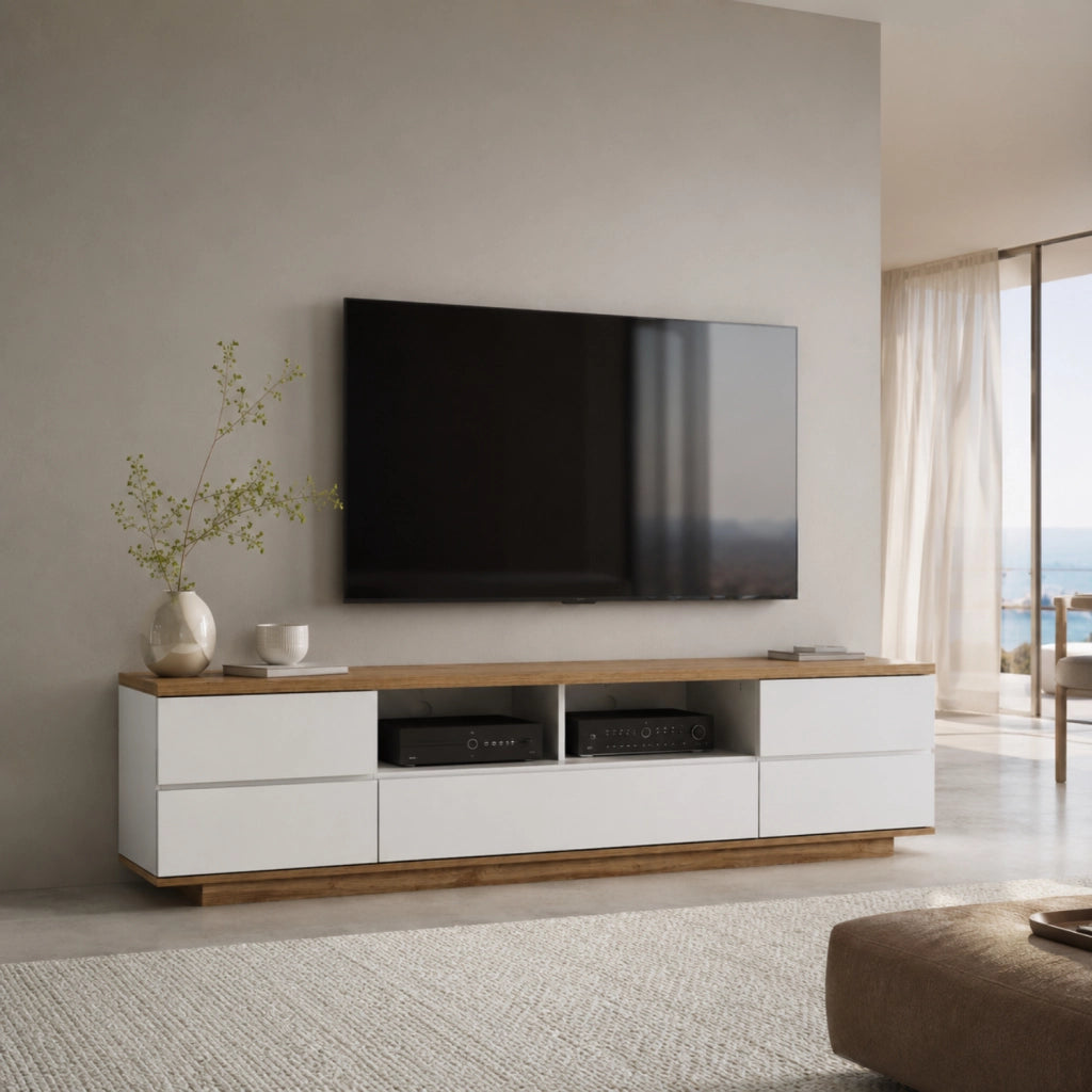 Mobile TV Con 4 Ante Anta A Ribalta 2 Vani A Giorno Passacavi In MDF Resistente Mobile Basso Per Soggiorno Living Salotto Moderno E Organizzato 180 x 38 x 46 Cm Bianco E Rovere