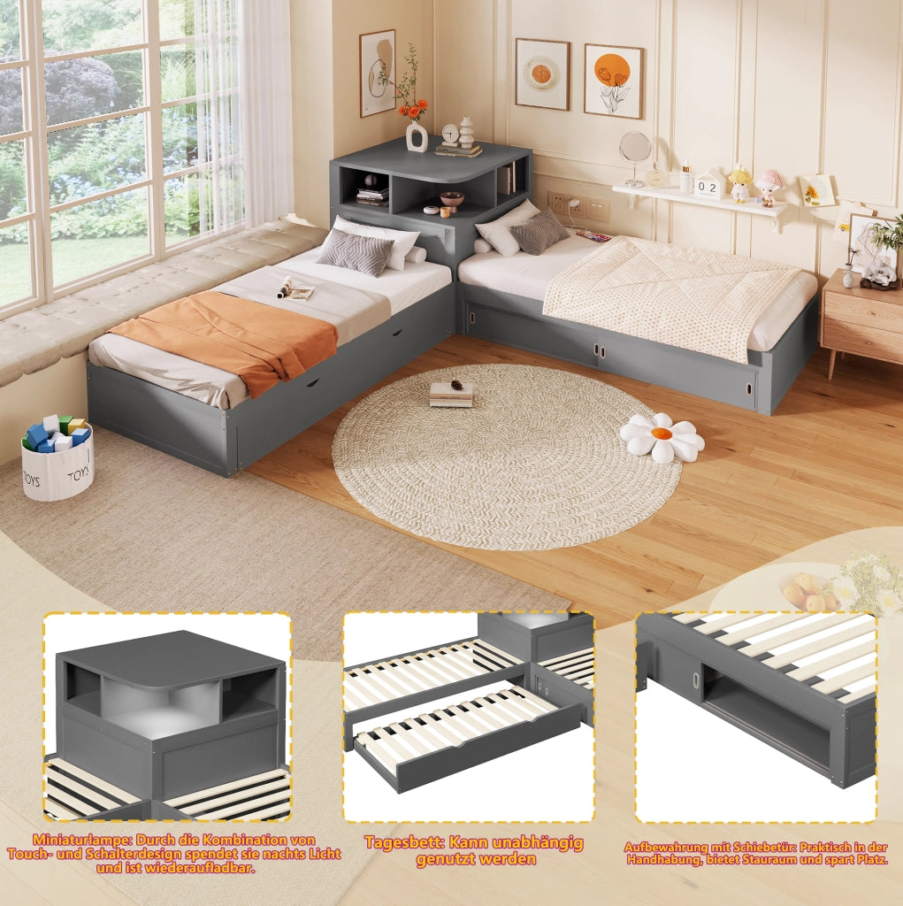 Letto singolo 90x200 con letto estraibile, LED e vani grigio