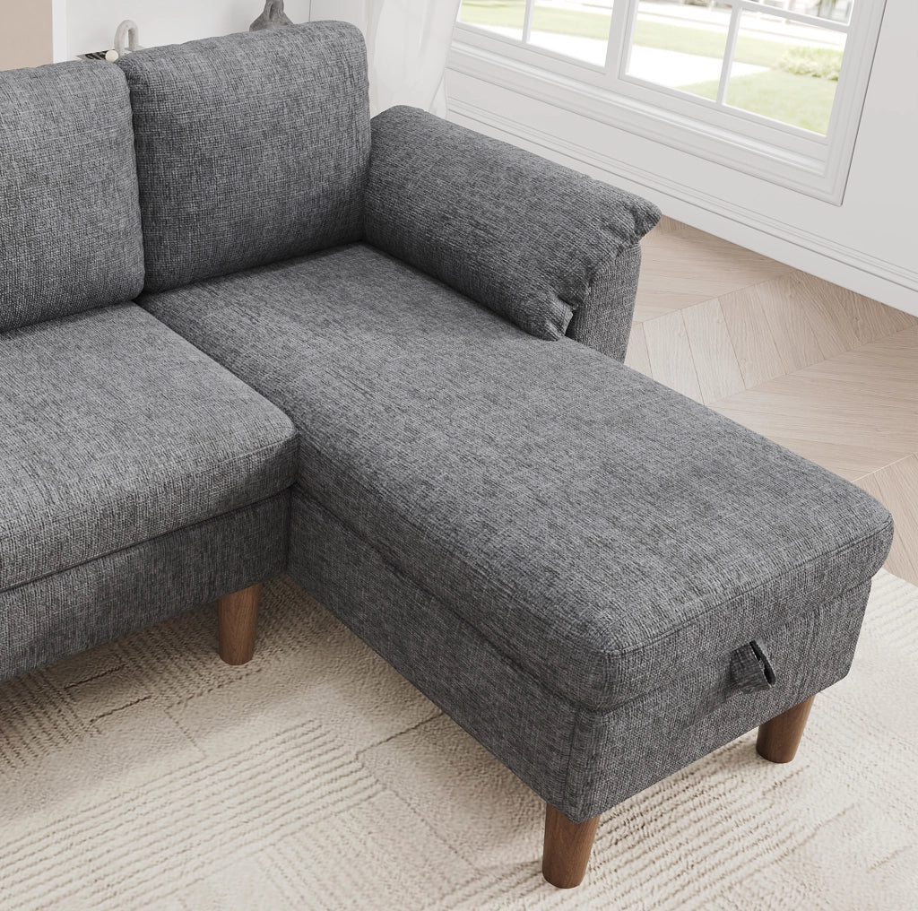Divano angolare a L 3 posti con chaise longue reversibile; contenitore; USB/Type-C; grigio chiaro